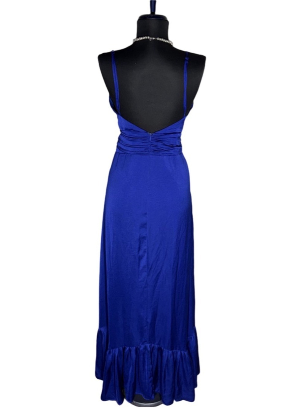 Minuet royal blue cocktail maxi dress fit flare ruched waist low sexy back sz L - Picture 2 of 14